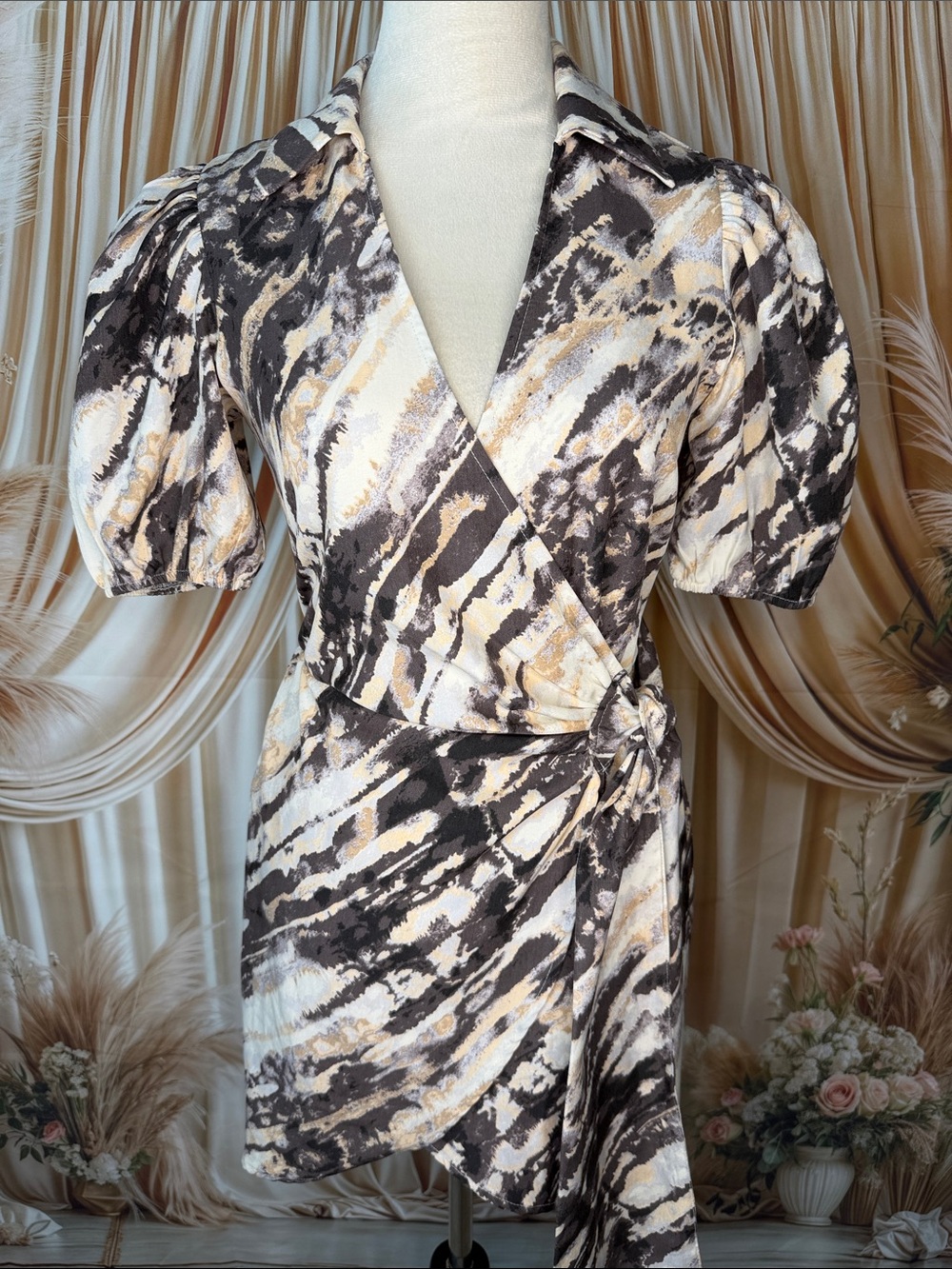 privy Abstract Brushstroke Wrap Mini Dress in Black, Cream & Tan